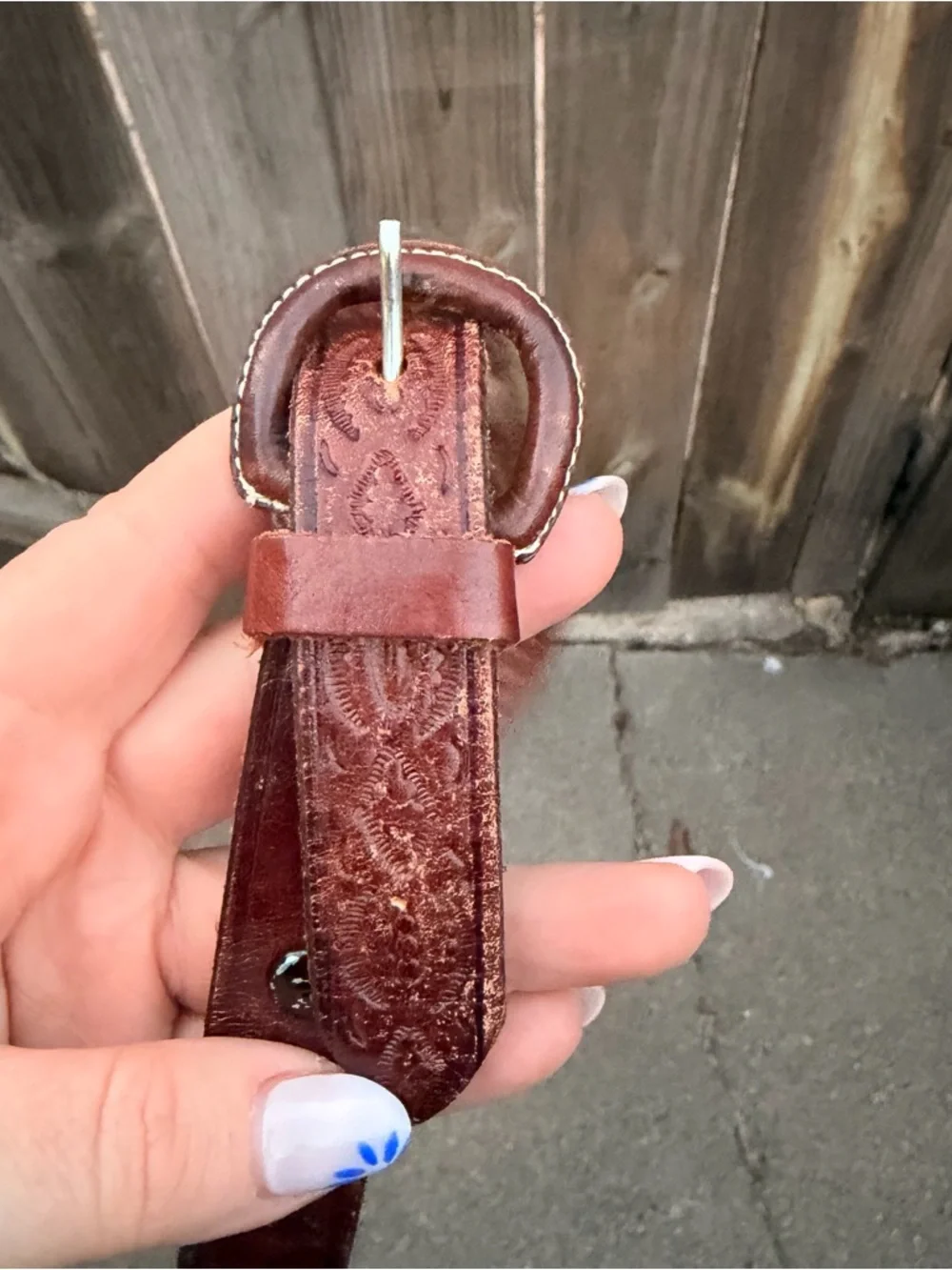 Vintage Tooled Brown Leather Belt with Decorative Stitching Size 38